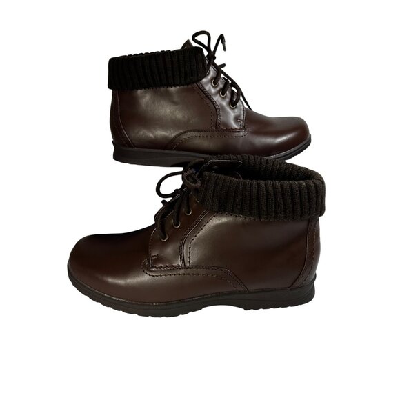 Basic Editions Womens Brown Ankle Boots Size 9.5 Knit Cuff Lace-Up Closure - Picture 1 of 8
